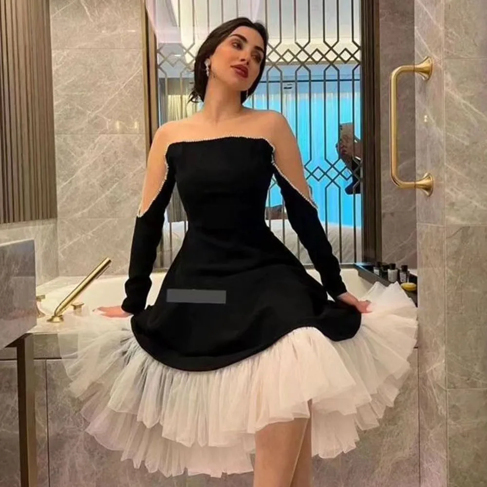 

Customized Illusion Prom Gown for Women Simple A-line Tiered Ruffle Full Sleeves Elegant Evening Party Dresses فساتين للحفلات ال