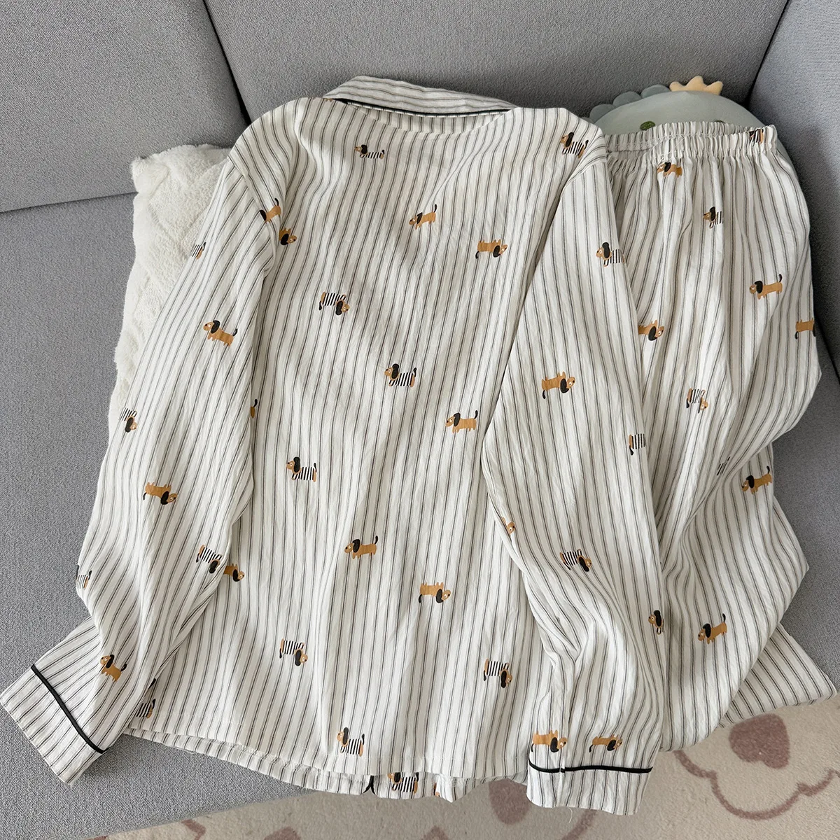 Spring and Autumn Plus Size Striped Sleepwear Women's Loose Long Sleeved Pants Cardigan Student Homewear Pajamas Set Dog Print