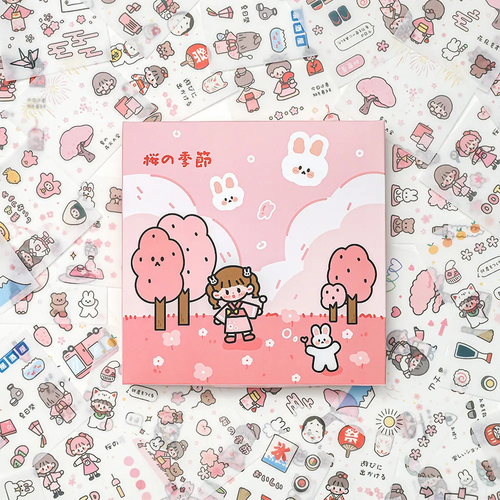 Sakura Washi Sticker Gift Box - 100pcs  Kawaii Cherry Blossom Paper Stickers for Journaling Scrapbooking DIY Crafts Cute