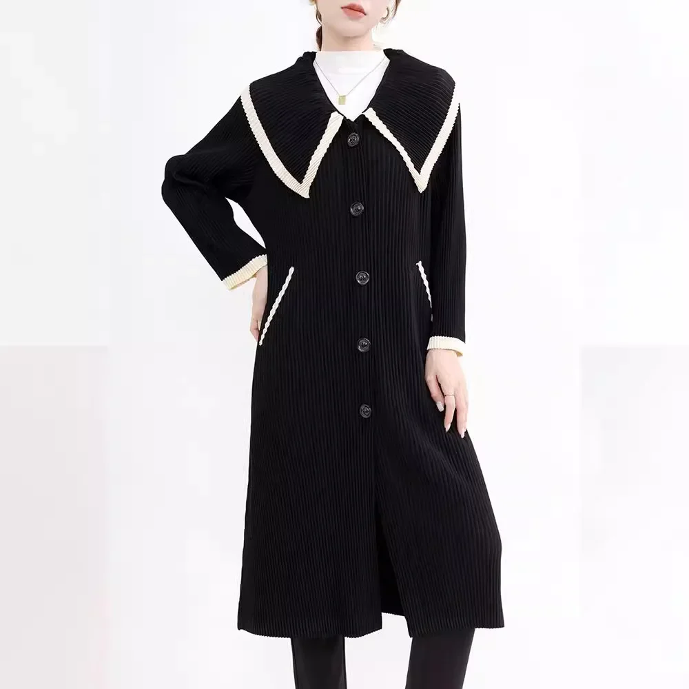 Miyake Pleated Windbreaker Women Spring and Autumn High-end 2024 New Fashion Navy Collar Buttoned Mid-length Lace-up Outer Cloak