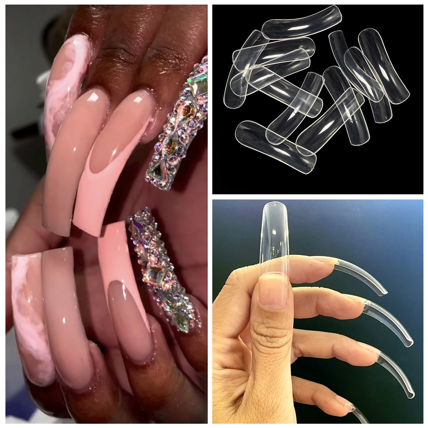 500pcs Clear Super Long Bend Nail Tips Hawk Curved Extreme Deep Curve Full Cover Square Tapered Eagle Claw False Nail Extension