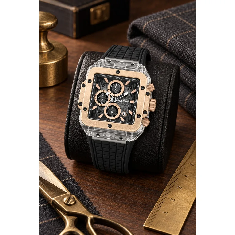 Men's Square Sports Chronograph Watch Date Display Transparent Case Multifunction Quartz Wristwatch with Colorful Silicone Strap