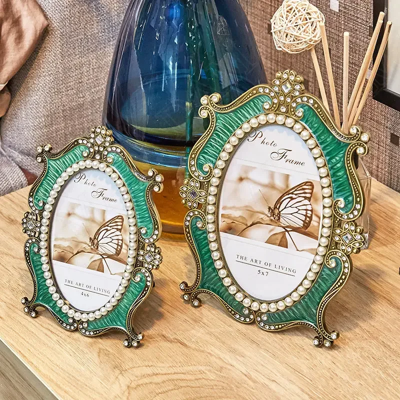 Retro Copper Picture Frames Green Enamel Decorative Oval Frame Pearl Decor Bedroom Bedside Photo Organizer Home Decoration