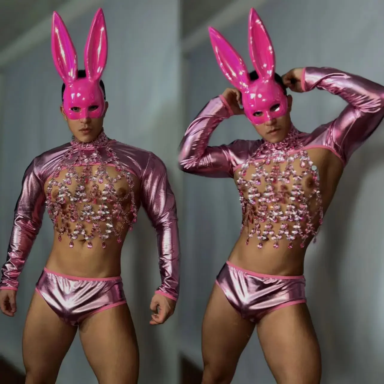 セクシーなピンクグリッターダイヤモンドトップショーツ衣装ナイトクラブ歌手リーディングダンサーステージウェアジャズダンスチームパフォーマンス衣装