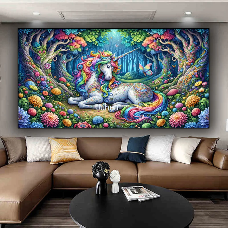 Diy Diamond Painting,enchanted forest majestic white unicorn with vibrant rainbow hair,Full Diamond Mosaic Large Size Home Decor