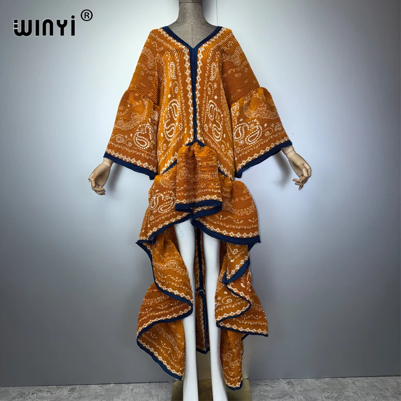 WINYI Boho Beachwear Pleated Elastic Slim Dress for Muslim Women Kaftan Abaya Cover up Dubai Luxury Long down Holiday Evening We