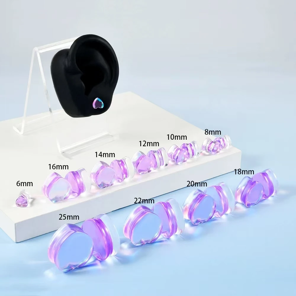 

2PCS Transparent Purple Heart Glass Ear Tunnel&Plugs Fashion Solid Piercing Strengthed Ear Weight Expander Gauges Body Jewelry