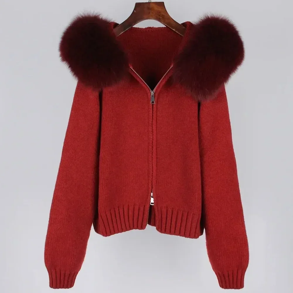 2024 Winter Women Knitted Jacket with Natural Fur Placket Coat Casual Real Fox Fur Collar New Fashion Short Warm Loose