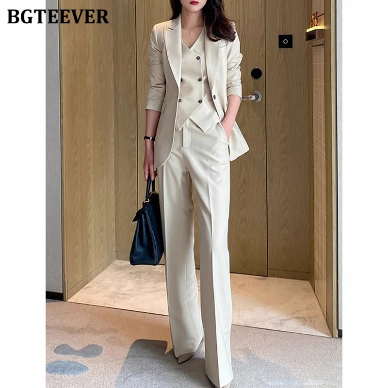 

BGTEEVER Elegant Workwear Outfits Women Single Button Jackets & Double Breasted Sleeveless Waistcoat & Straight Pants