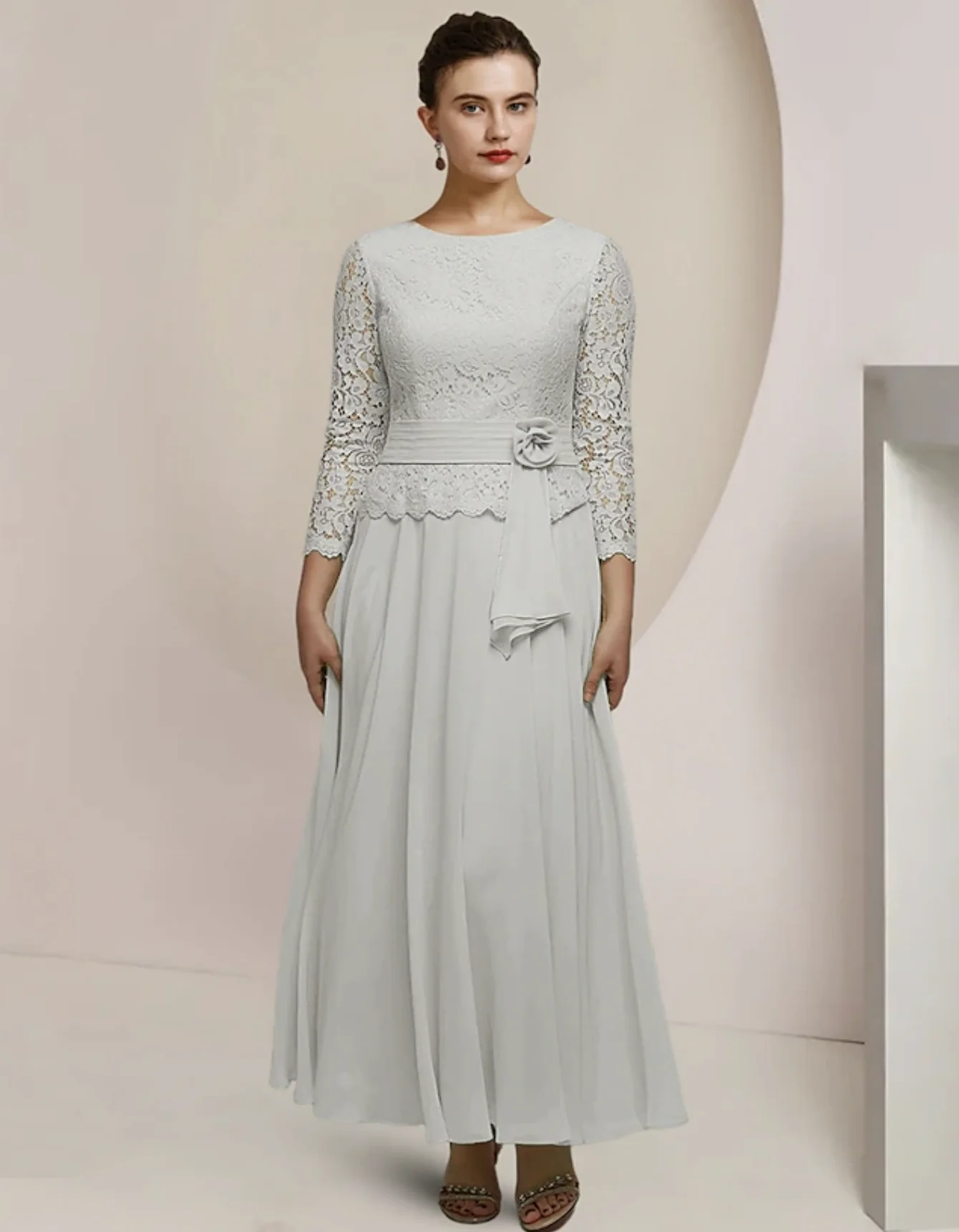 A-Line Mother of the Bride Dress Wedding Guest Elegant Jewel Neck Ankle Length Long Sleeve with Lace Pleats Appliques 2024