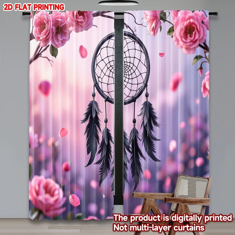 

2D flat printing 2pcs Drapes Dreamcatcher with Pink Blossoms Digital Printed Polyester Drapes Festive Holiday Perfect for