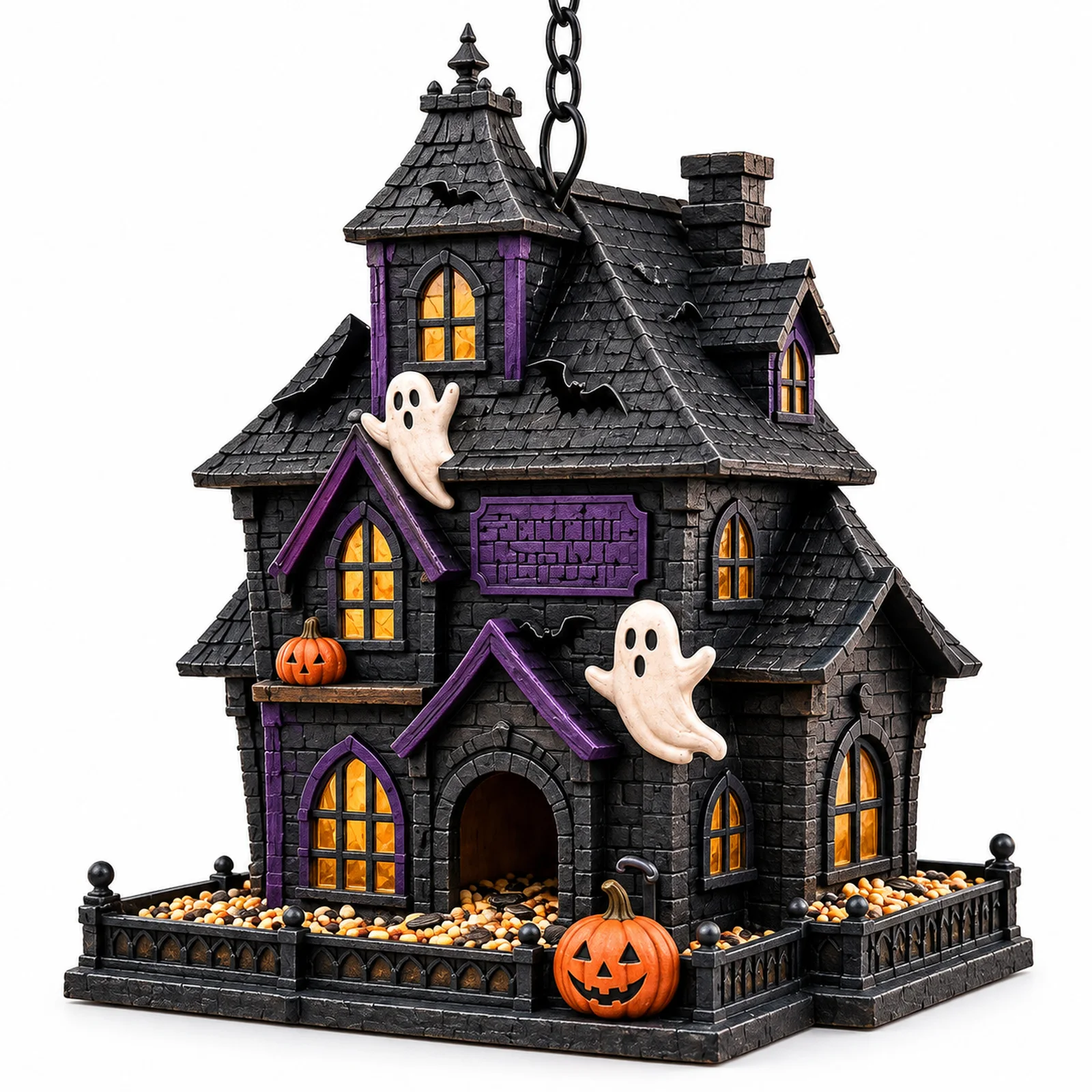 Halloween Hanging Resin Bird Feeder, 6 Styles Haunted House/Ghost/Pumpkin/Witch Cauldron, Outdoor Garden Wild Bird Seed Feeder