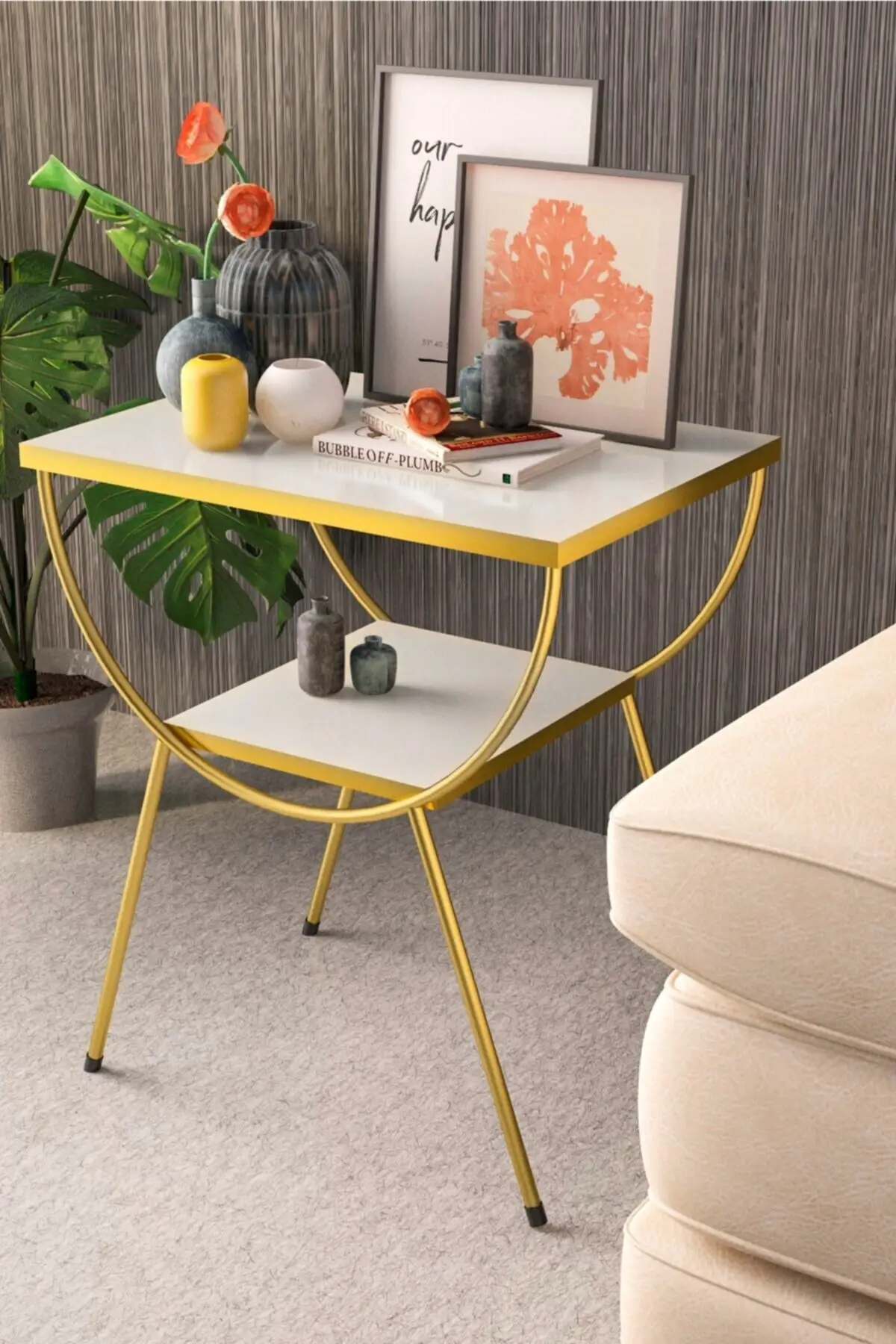 Seite Kaffee Tisch Nachttisch Metall Kappe Gold Weiß