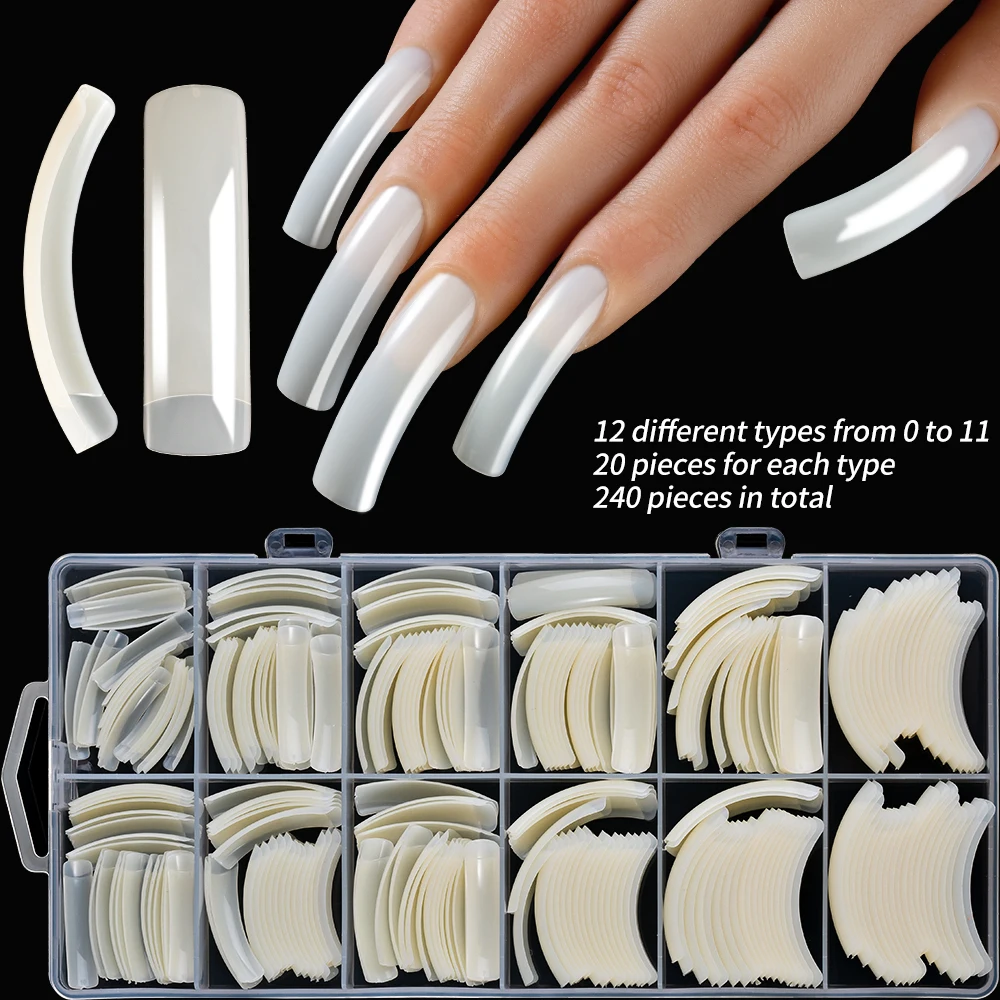 240PC Hawk Curved Long Square False Nails 12Size XXL Extra Deep Curve Full Cover Acrylic Fake Tips Eagle Claw Nail Extension Tip