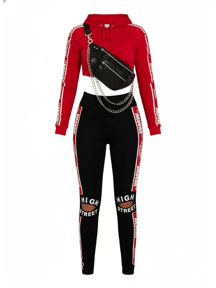 

Gymdolphin 2026 Fashion Women's Streetwear Pant Set Red & Black Letter Print Cropped Hoodie + Ripped Leggings Summer Casual Suit