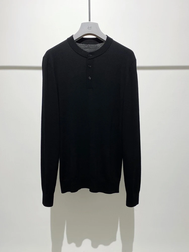 

New men's Henry collar long-sleeved shirt solid color simple casual pullover cashmere sweater