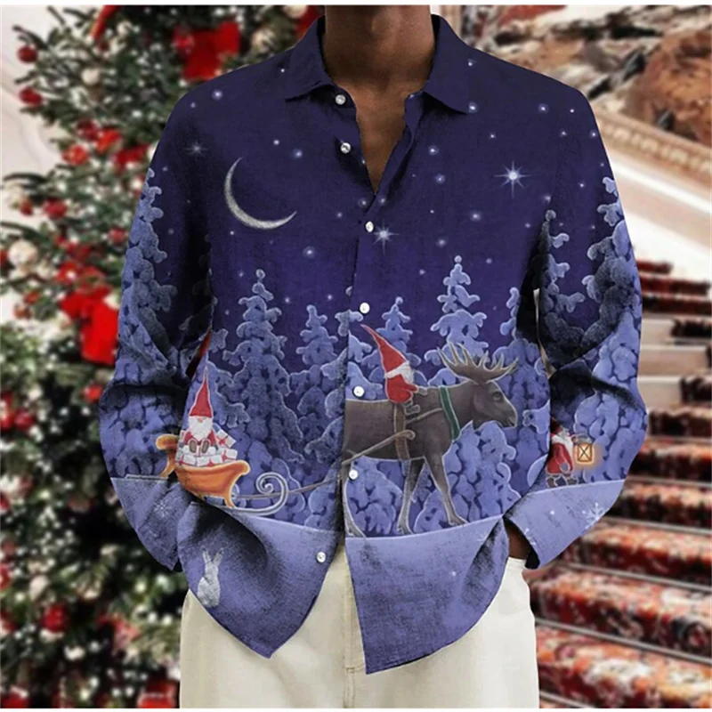 2024 Christmas Men\'s Shirts Long Sleeve Tops Christmas Theme 3D Printing Holiday Party Wear Casual Men\'s Christmas Shirts