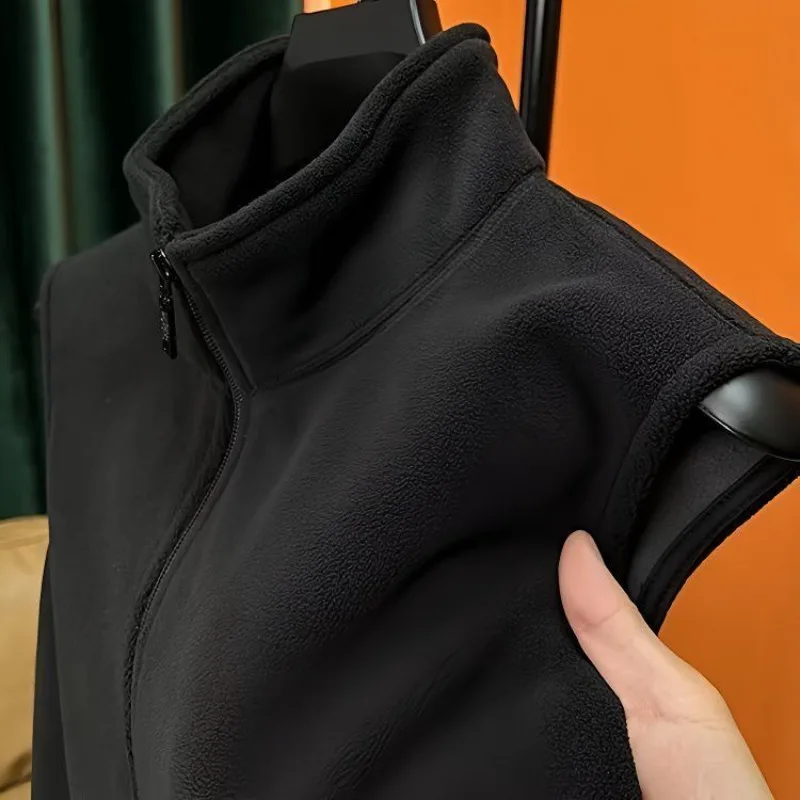 Men's Fleece Vests Outdoor Windproof Warm Stand Collar Sleeveless Zipper Cardigan Casual Double-sided Plush Fabric Coat Vest