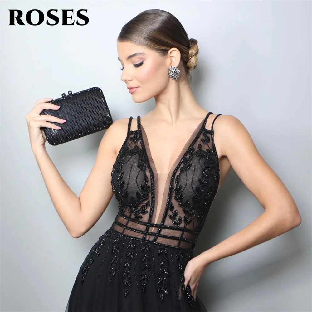 ROSES A-Linie Tank Schwarz Abendkleider Netz Perlen V-ausschnitt Abendkleid Stickerei Tiered Party Kleid vestidos de noche Angepasst