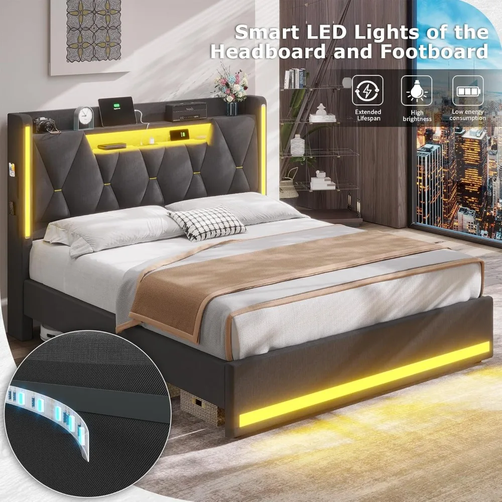 Marco de cama queen LED con cabecera de almacenamiento y almacenamiento oculto, luces LED, con estación de carga, cama tapizada de metal tamaño Queen