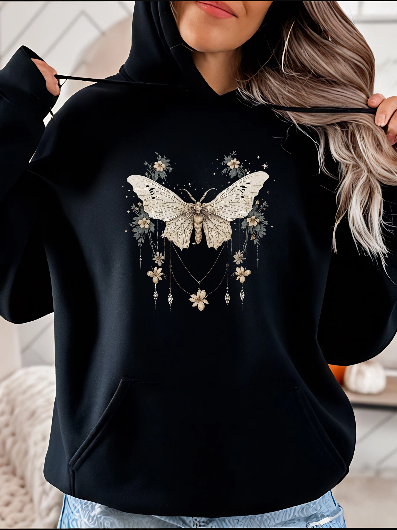 Sudadera con capucha con estampado de mariposas de Halloween, sudadera informal holgada para mujer con diseño Floral, estilo Ins, ropa de otoño e invierno
