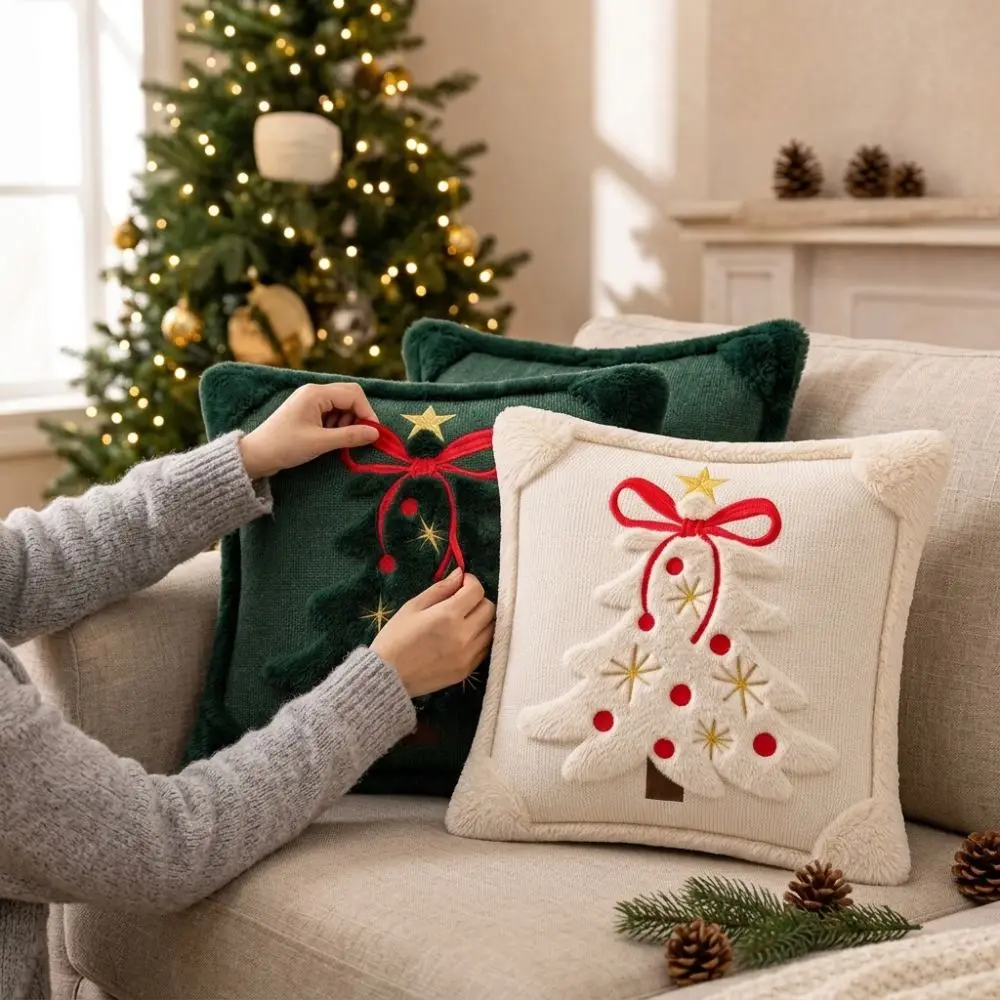 Plush Christmas Pillow Cover Christmas Tree Soft Fluffy Cushion Cover Comfortable Skin-friendly Throw Pillow Cover