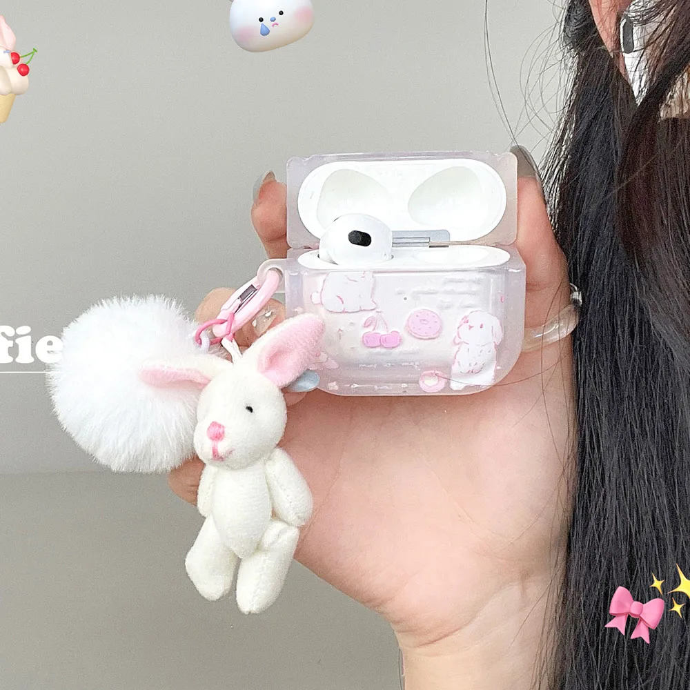 Pink Bunny Cherry Bowknot Case For AirPods 3 Pro2 Hairball Rabbit Pendant Earphone Case for AirPod 2 Pro Case Soft Cover Keyring
