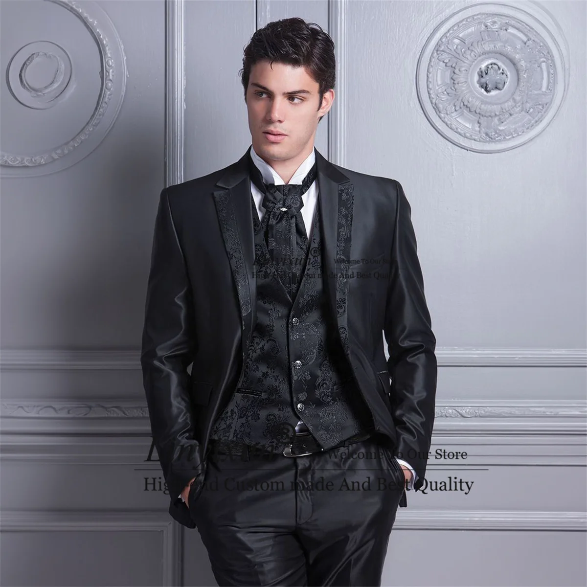 Fashion Black Men Suits Notched Lapel Groom Wedding Tuxedos 3 Pieces Sets Business Male Blazers Jacquards Waistcost Pants Outfit