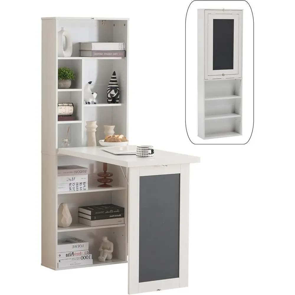 Space-Saving Multi-Functional Wall-Mounted Desk with Storage, Blackboard, and Shelves (White)