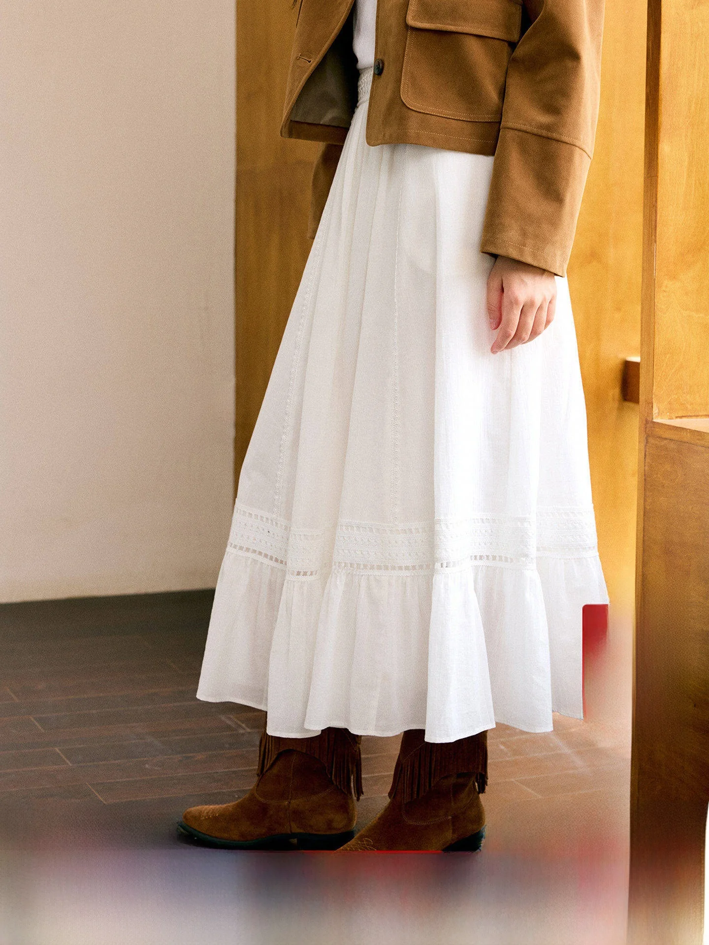 

Белая юбка с кружевными вставками HeyDr из чистого хлопка и балийского шелка, женская, весенняя, с высокой талией, А-силуэт, дышащая, приятная к коже