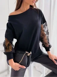 Women's Spring/summer Lace Solid Color Patchwork Top Diagonal Collar Chiffon Casual and Elegant Long Sleeved Shirt