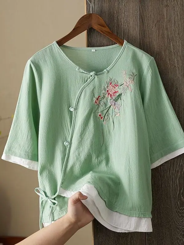 Elegant Cotton Linen Loose Fit Slimming Ice Silk Shirt Ethnic Style Women's Summer Thin Top Cover Stomach Button Detail Shirt