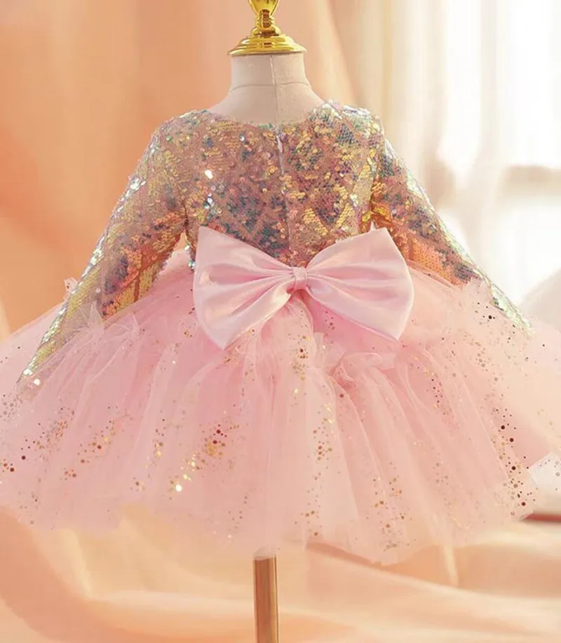 

Cute Baby Girl Dress with Long Sleeves Sequined Tulle Princess Birthday Gown Pink Flower Girl Dress Prom Party Dress