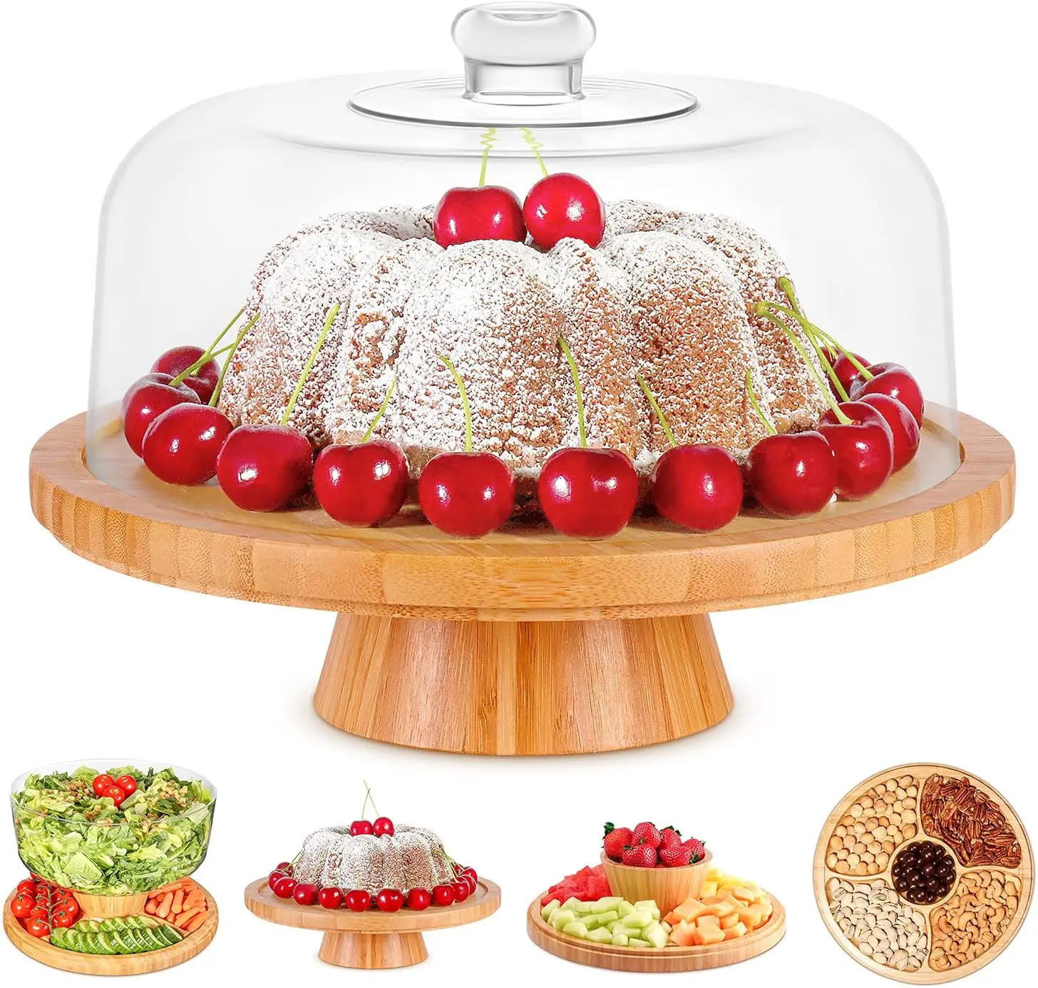 

Bamboo Cake Stand with Lid, 6-in-1 Multi-Functional Serving Platter, Large Display for Cakes and Snacks