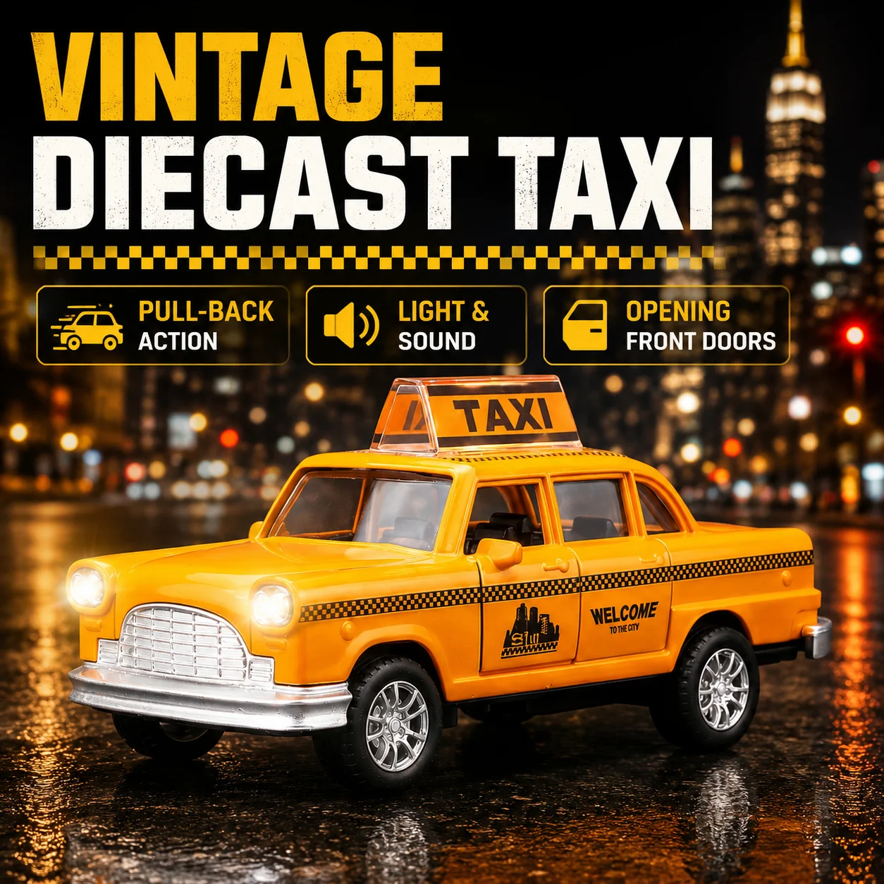 

Diecast NYC Yellow Taxi Toy Car Pull Back Vehicle with Light Sound Classic Checkered Cab Model for Kids Boys Birthday Gifts 4-8