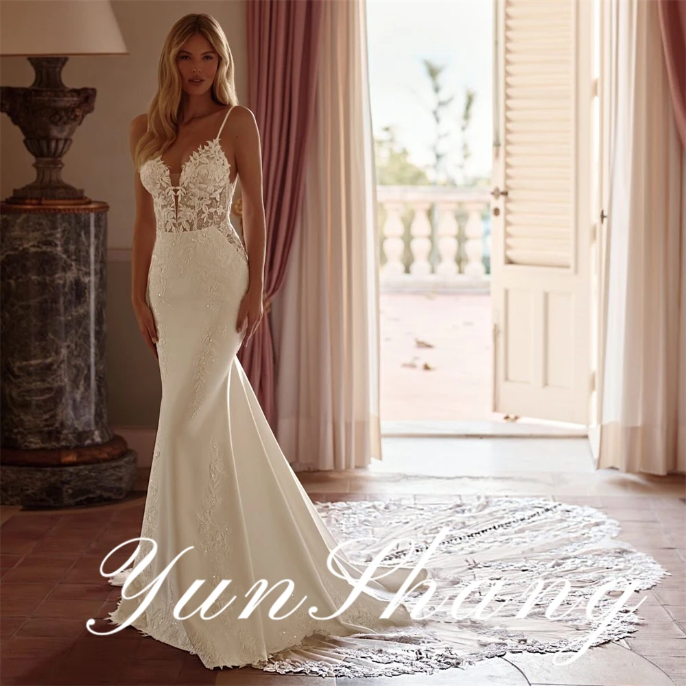 

Yunshang Customized Spaghetti Strap Wedding Dress Deep V Neck Lace Paneled Open Back Long Lace Train Mermaid Bridal Gown