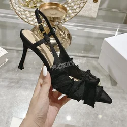 Black Bow Pointed Toe Pearl Pumps Summer New Arrival Solid Luxury Women 8cm Thin High Heel Party Sexy Fashion Tassel Shoes