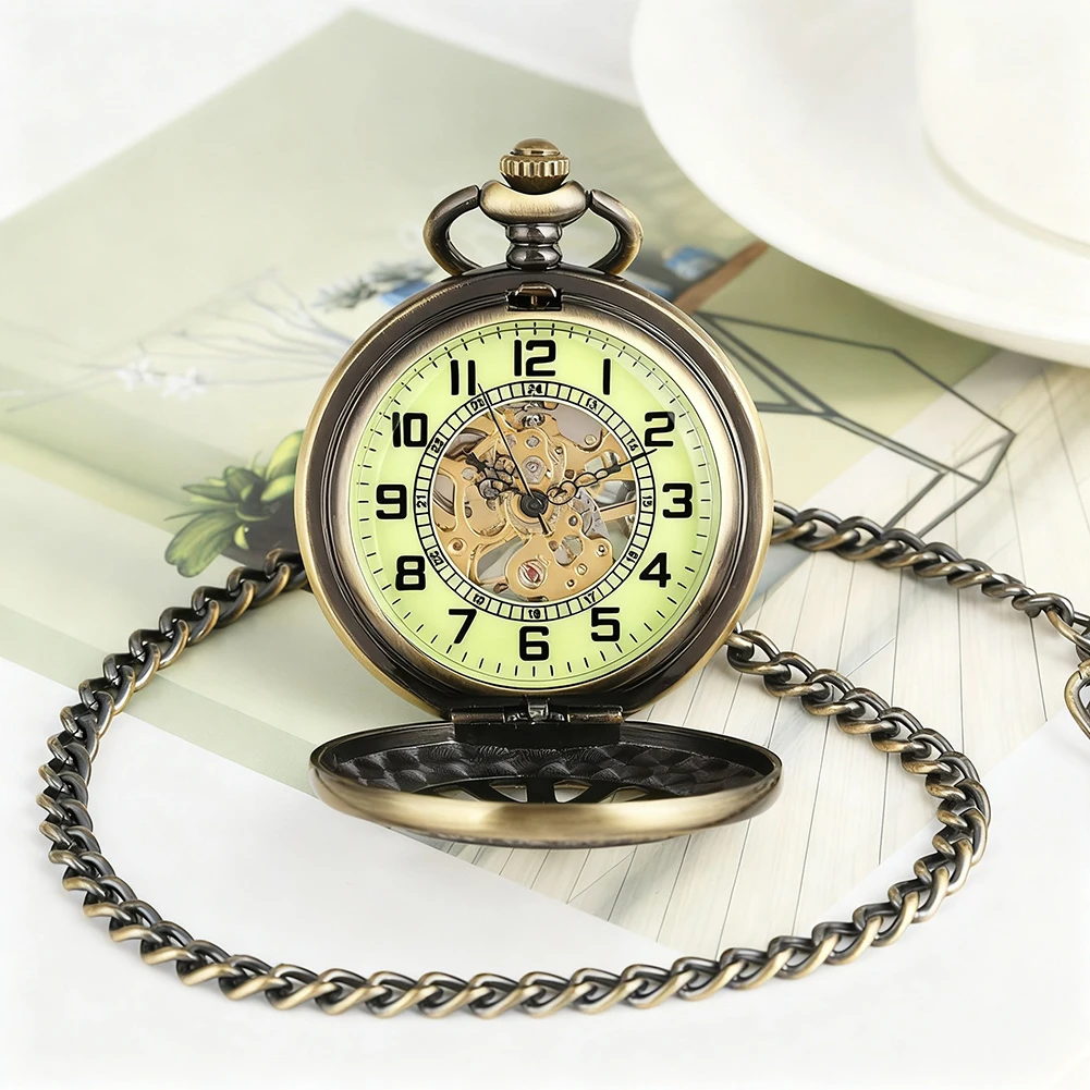 Antique Luminous Dial Mechanical Pocket Watch Bronze Hollow Wheel Unisex Hand-Winding Clock Steampunk Pendant Chain Gift