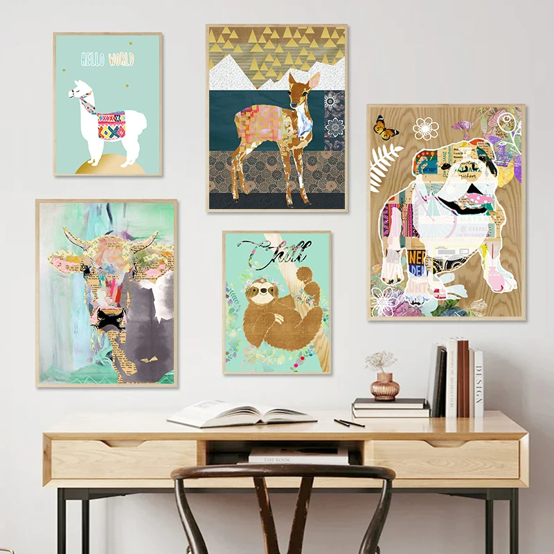 Nordic Abstract Animals Posters Alpaca Bulldog Cow Flamingo Canvas Painting Wall Picture Modern Kids Bedroom Home Decoration