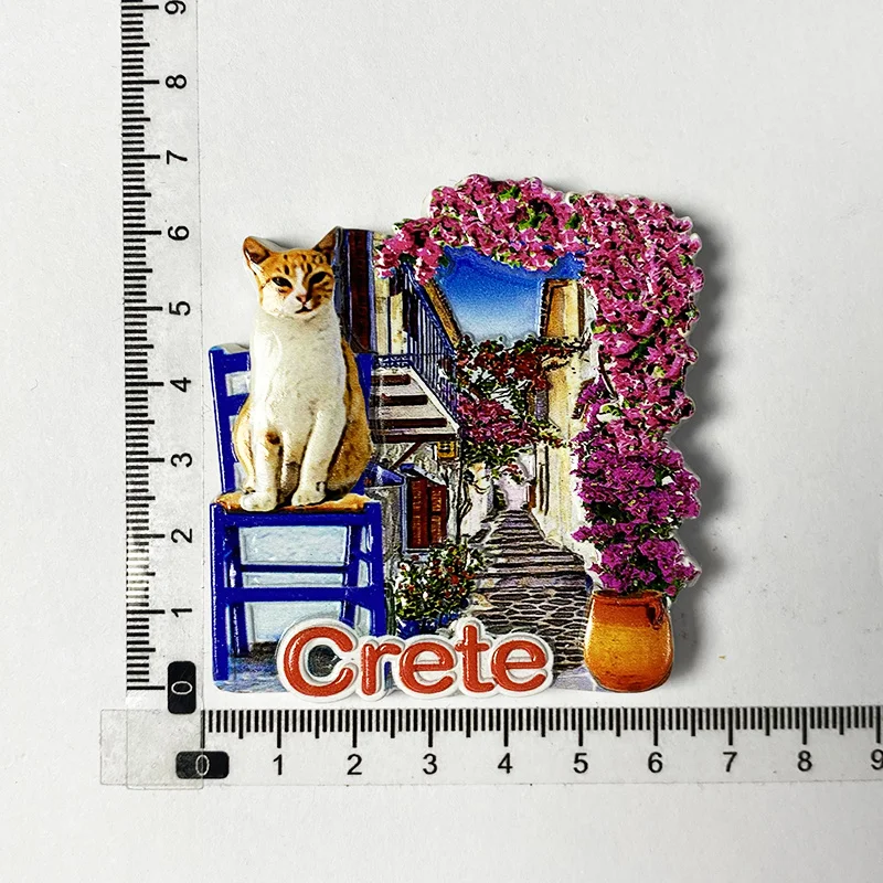 

Cute Crete, Greece Fridge Magnet - Mediterranean Island Scene with Cat, Bougainvillea & Traditional Alley Home Decor Item