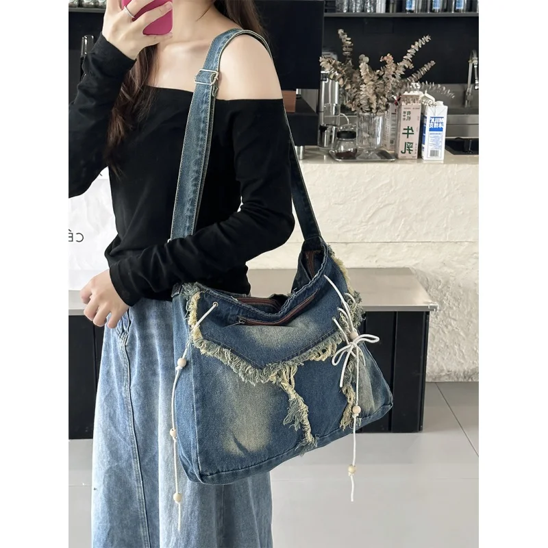 

Canvas Denim Washed Brushed Tassel Postman Large Capacity Flip Zipper Crossbody Student Casual Shoulder Bag