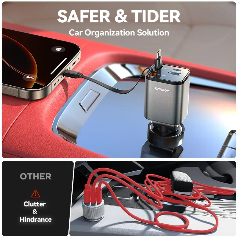 Joyroom 84 واط شاحن سيارة مع كابل قابل للسحب شحن سريع ولاعة السجائر محول المزدوج نوع C كابلات آيفون 17 16 15