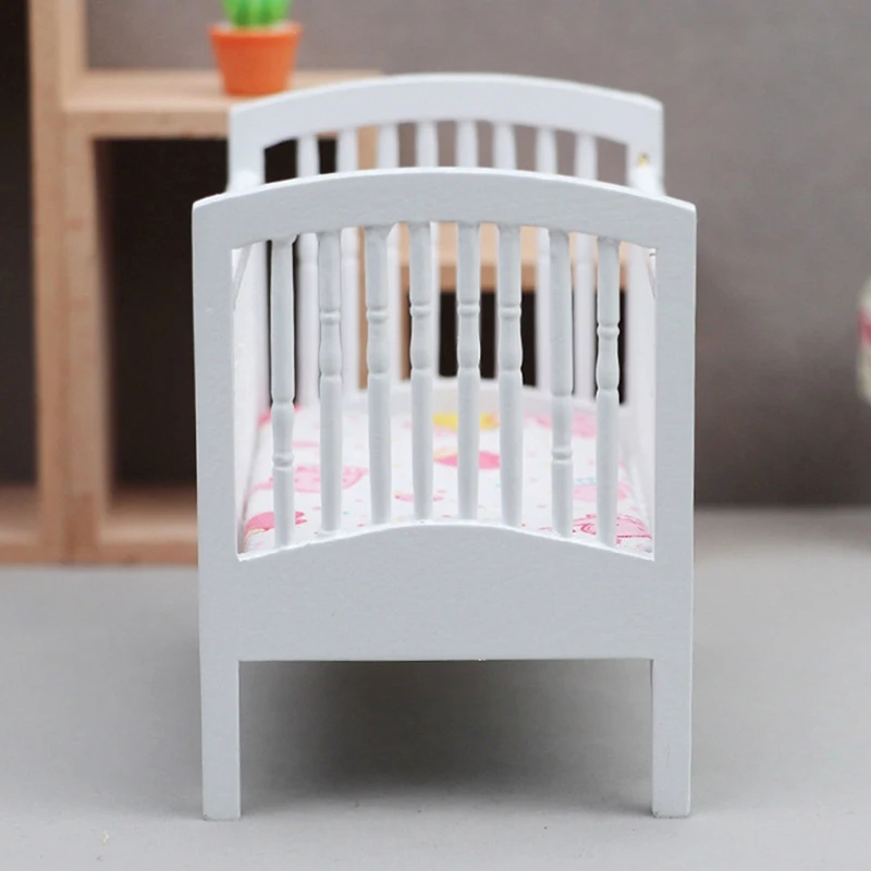 1:12 Dollhouse Miniature Bed Baby Crib White Baby Bed Furniture Bedroom Model Decor Toy Doll House Accessories