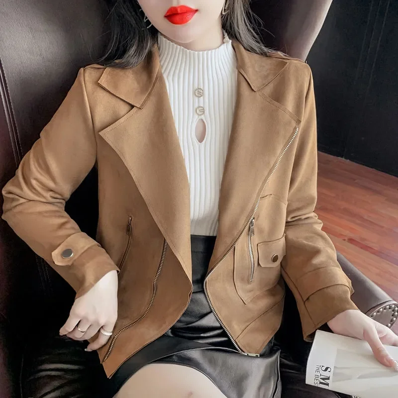 2023 Fashion Khaki Chamois Suede Short Jacket Women Spring Autumn Zipper-up Slim Tops Outerwear Ladies All-match Casual Coats