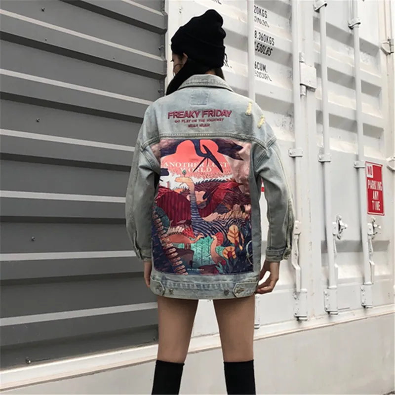 Holes Dinosaurs Cartoon Print Mid Long Loose Denim Jacket Female Coat Cowboy Women Vintage Streetwear Big Pocket Jeans Jackets