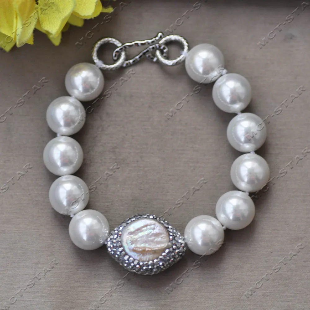MTC·STAR 8'' 14mm White Round Shell Pearl All CZ Angel's Eye Coin Pearl Bracelet (Z14509)