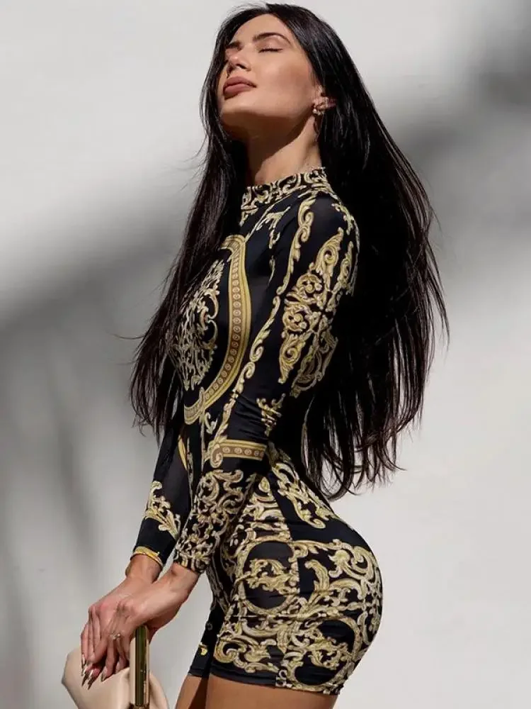 Oshoplive 2024 New Summer Female Fashion Female Gold Print Long Sleeves Playsuits Sexy Casual Fitness Short Jumpsuits For Women