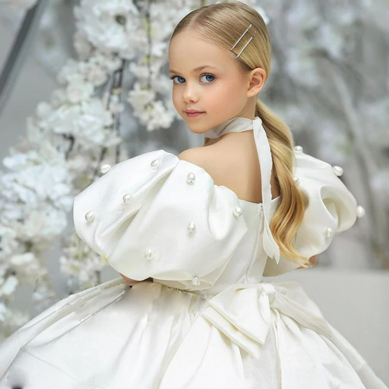 Baby Girls Birthday Dress Kids Elegant Retro Princess Dresses Fashion Puff Sleeve Pearls Prom Dress for Girl Party Clothing