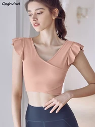 T-shirts Women Criss-cross Design Ruffles Sporty Summer Simple Daily All-match Cropped Sexy V-neck Korean Style Ladies Stylish