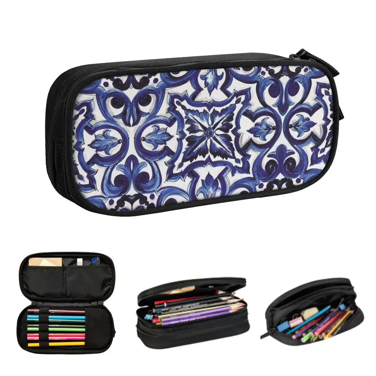 Blue Ornate Floral Mediterranean Sicilian Tile Pencil Cases for Student School Pen Box Pencil Bag Large Storage Pencil Pouch
